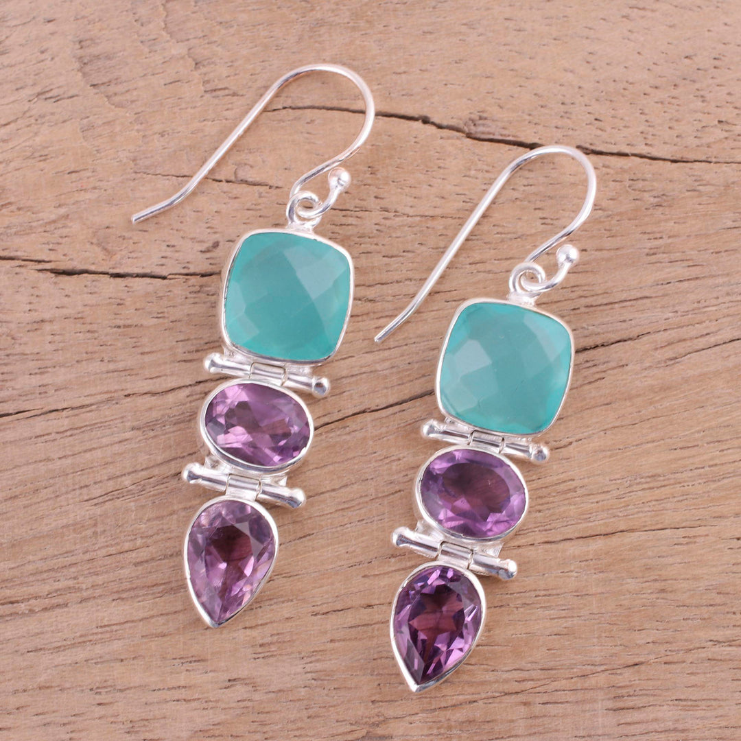 Amethyst and Chalcedony Dangle Earrings from India - Glittering Muse