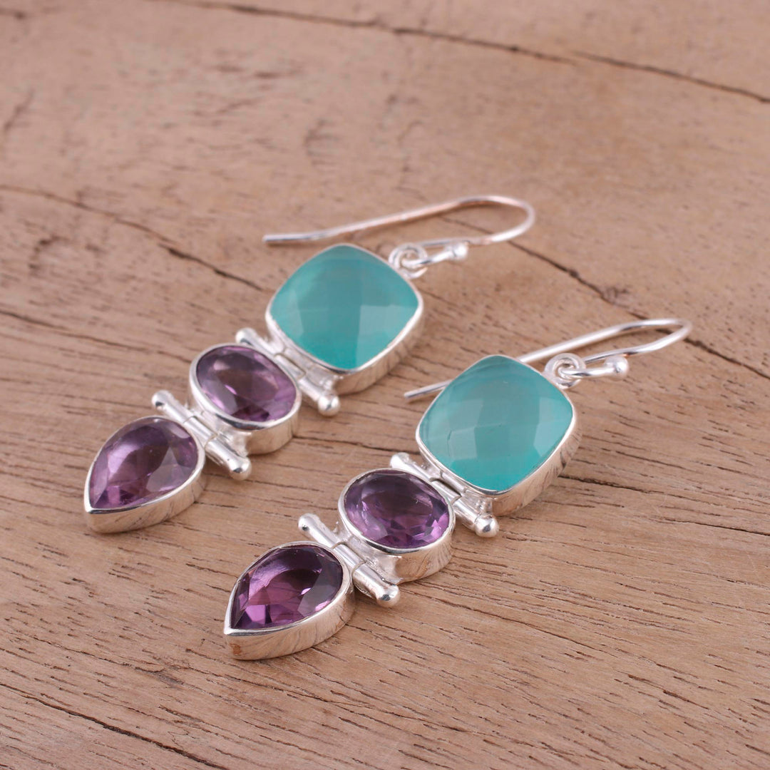Amethyst and Chalcedony Dangle Earrings from India - Glittering Muse