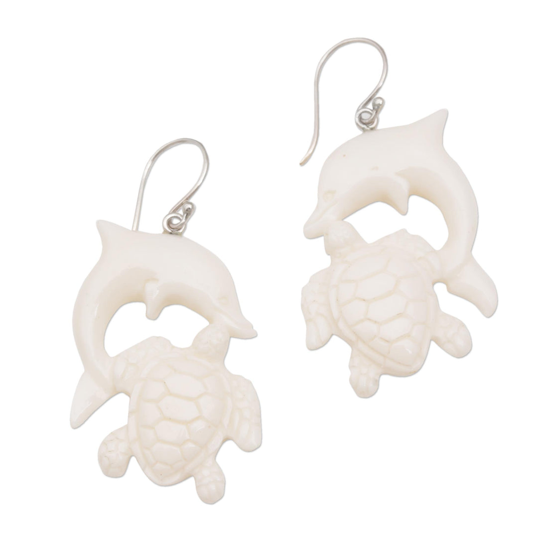 Bone Dangle Earrings with Dolphin and Tortoise Theme - Friends Among the Waves