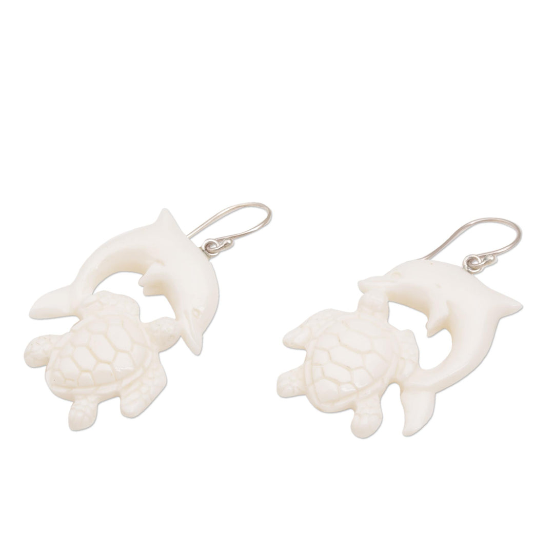 Bone Dangle Earrings with Dolphin and Tortoise Theme - Friends Among the Waves