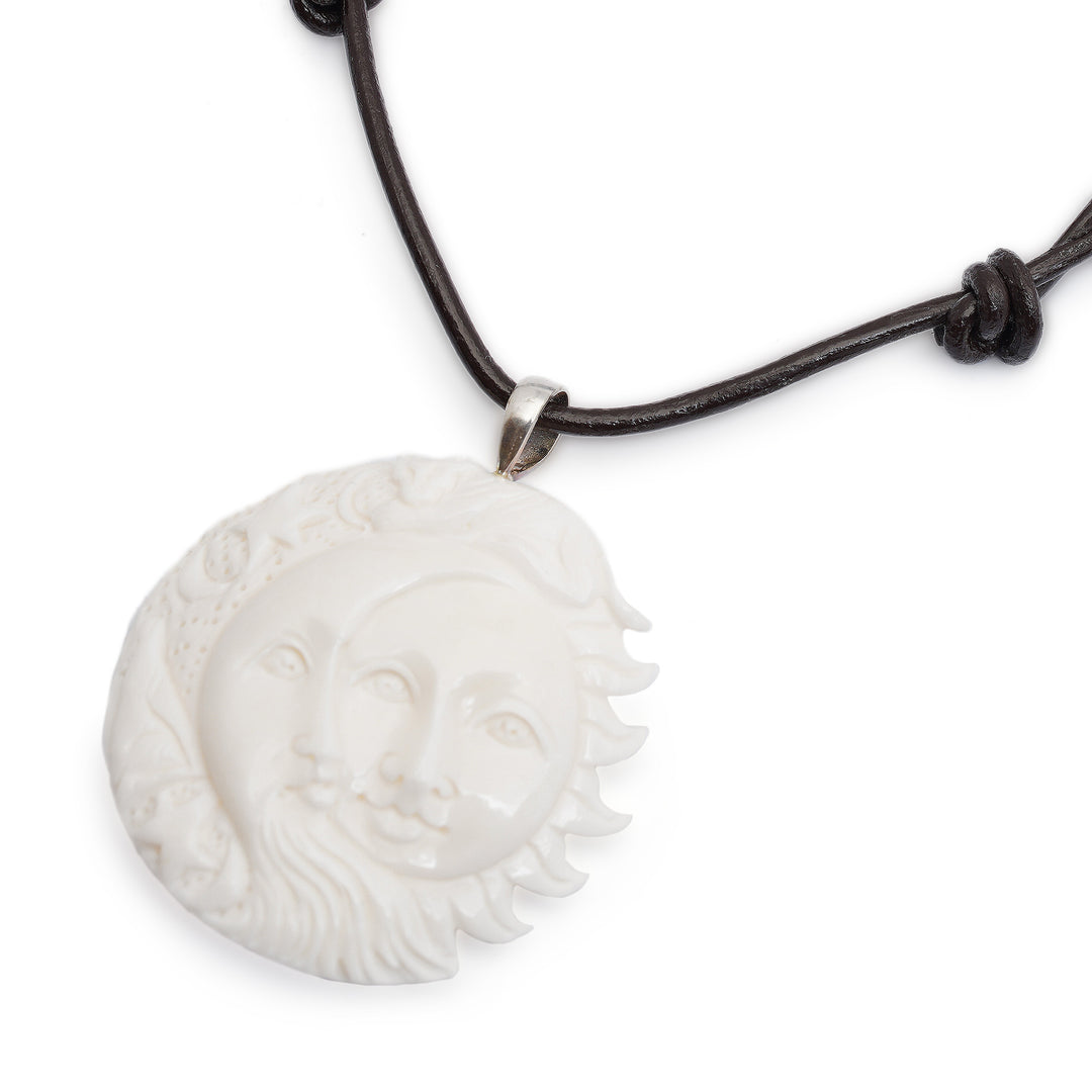 Handcrafted Sun and Moon Bone Pendant Necklace from Bali - Stellar Guardians