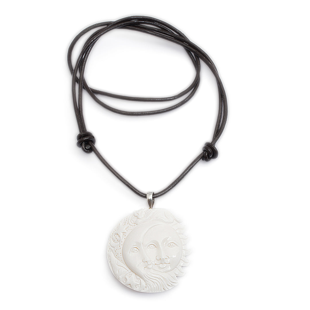 Handcrafted Sun and Moon Bone Pendant Necklace from Bali - Stellar Guardians