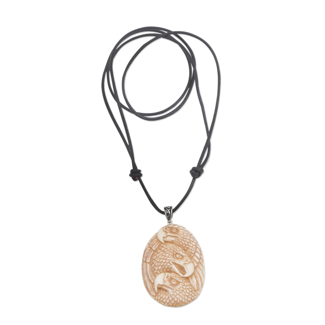 Handcrafted Eagle-Themed Bone Pendant Necklace from Bali - Eagle Trio