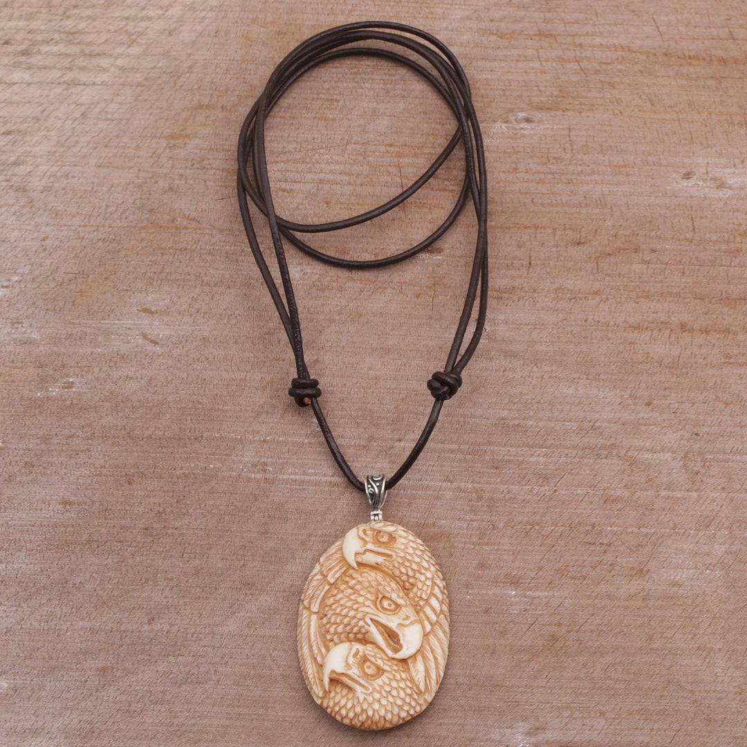 Handcrafted Eagle-Themed Bone Pendant Necklace from Bali - Eagle Trio