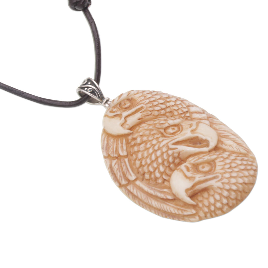 Handcrafted Eagle-Themed Bone Pendant Necklace from Bali - Eagle Trio