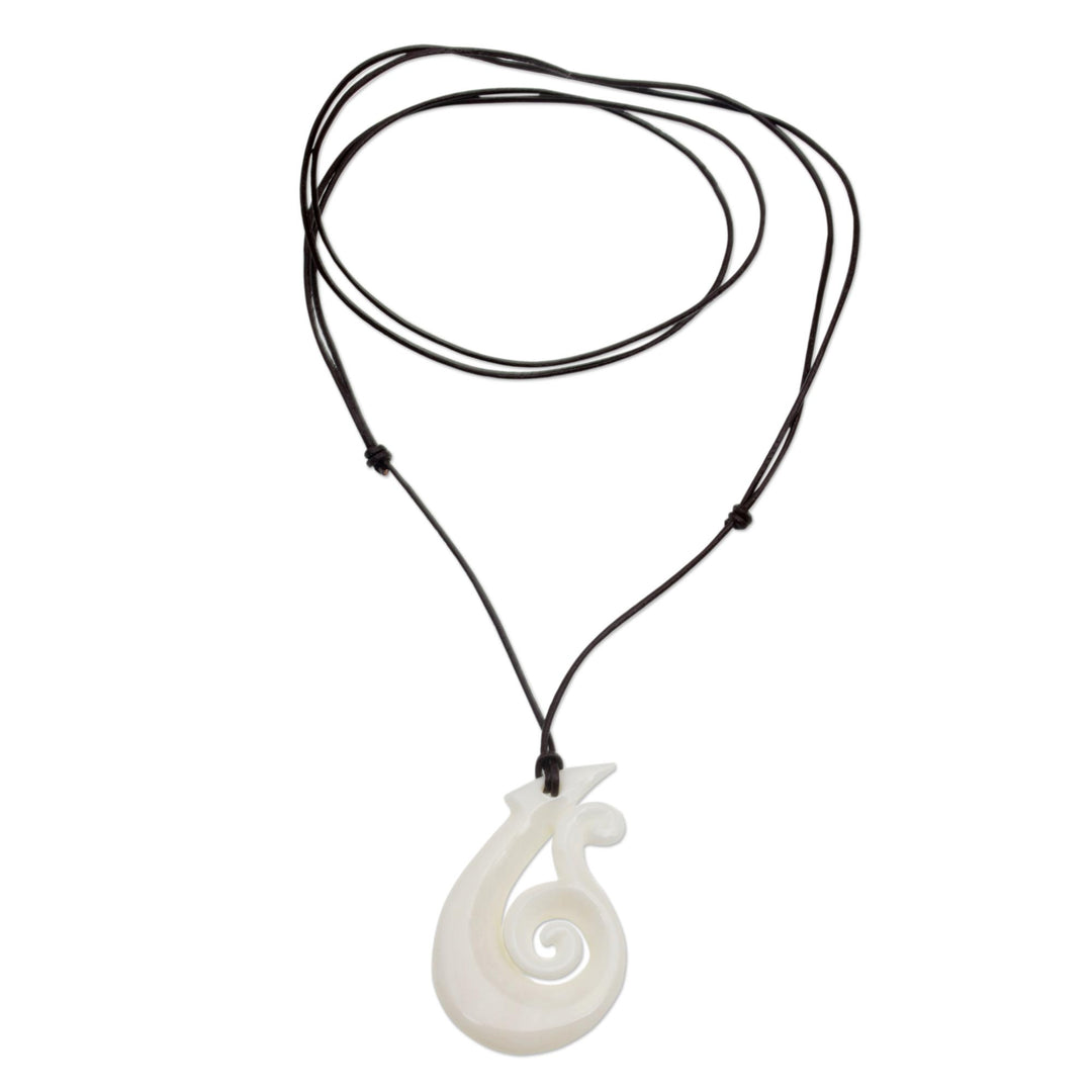 Handcrafted Swirl Motif Bone Pendant Necklace from Bali - Wavy Hook