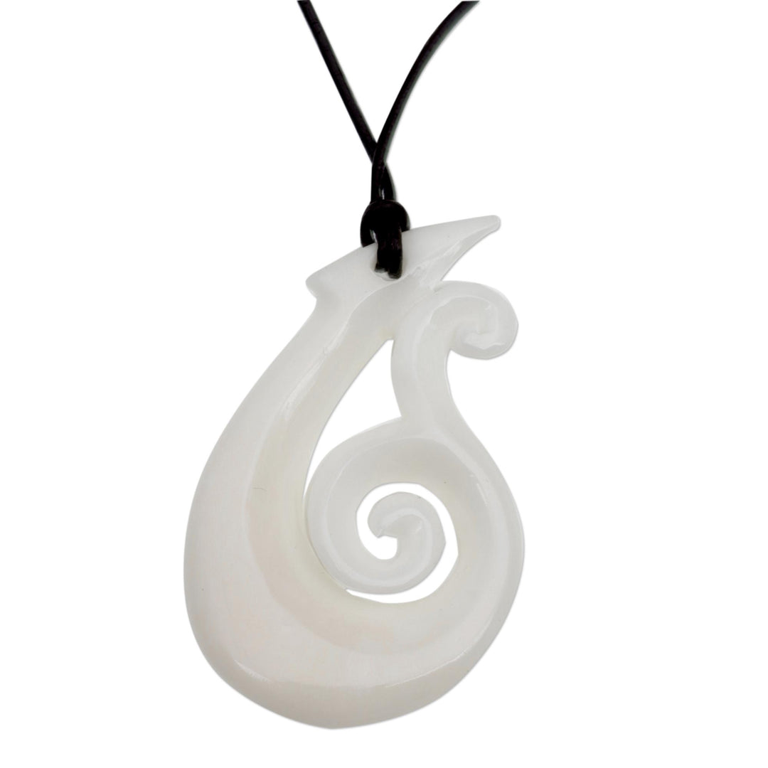 Handcrafted Swirl Motif Bone Pendant Necklace from Bali - Wavy Hook