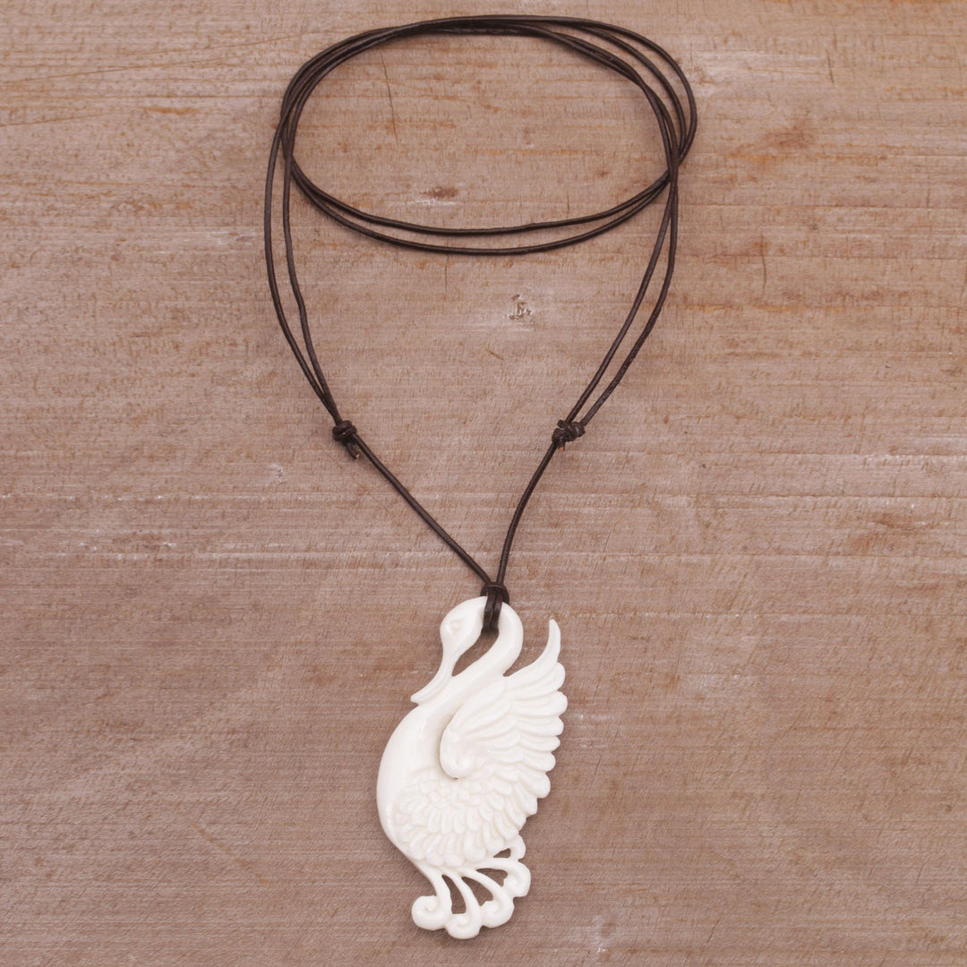 Handcrafted Bone Swan Pendant Necklace from Bali - Noble Swan