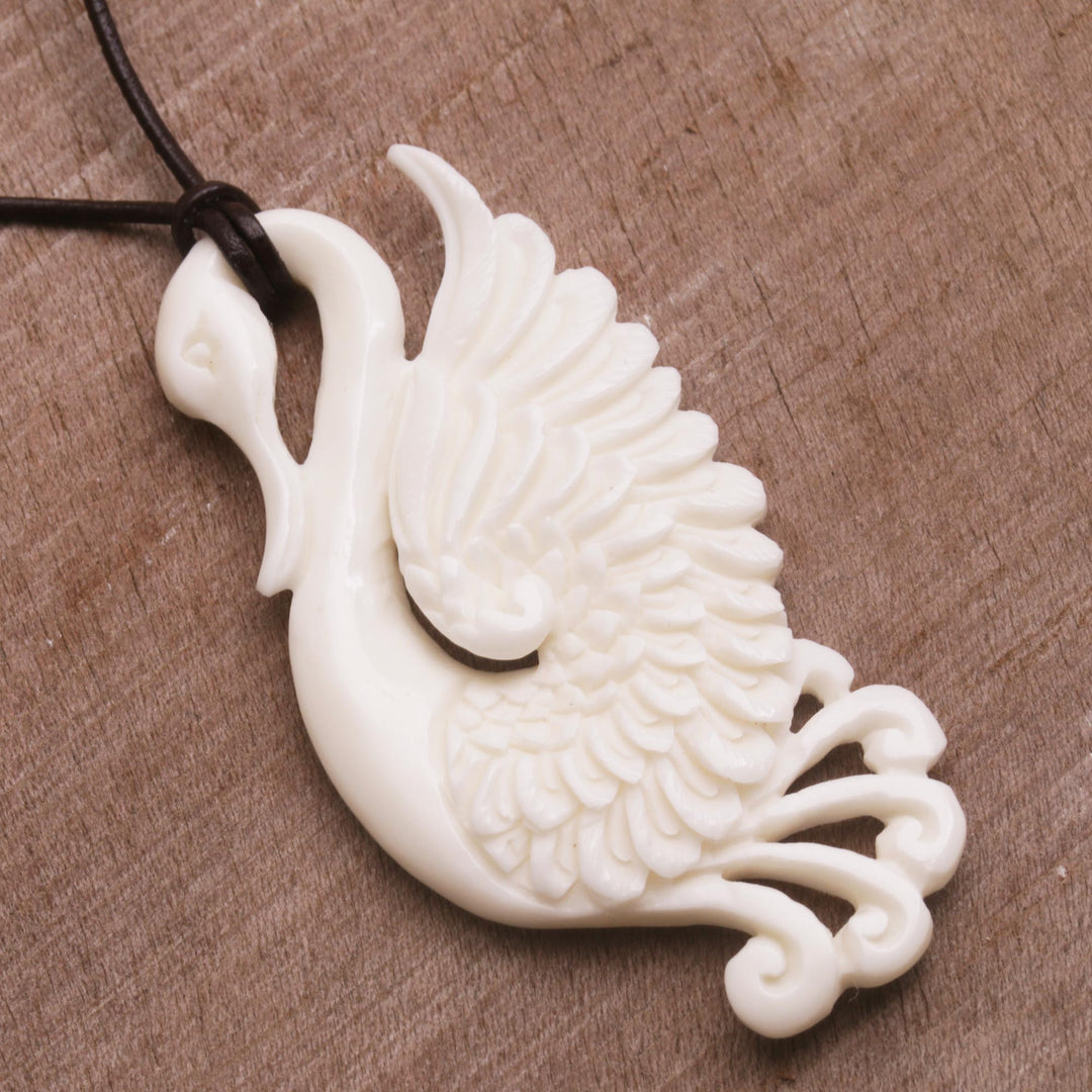 Handcrafted Bone Swan Pendant Necklace from Bali - Noble Swan