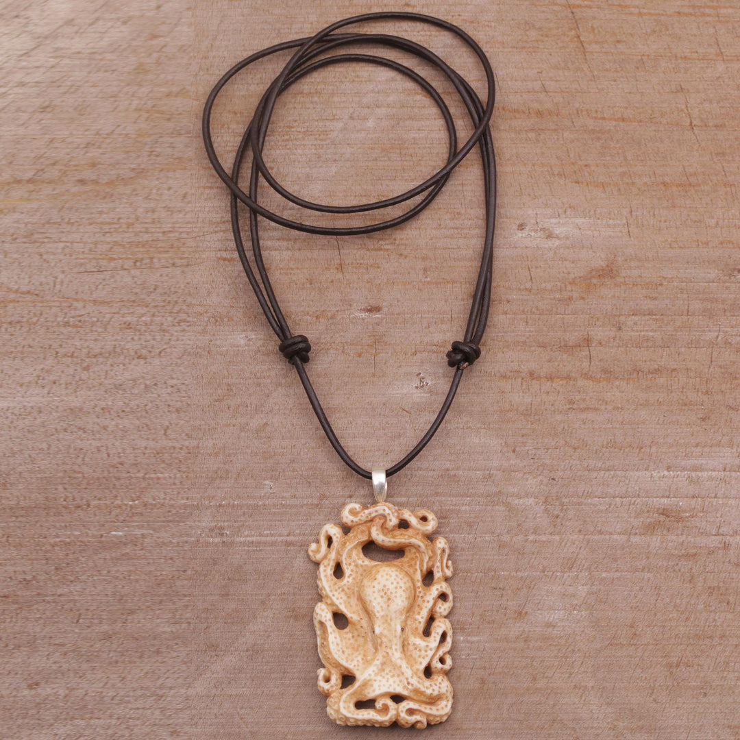 Handcrafted Bone Octopus Pendant Necklace from Bali - Octopus Refuge