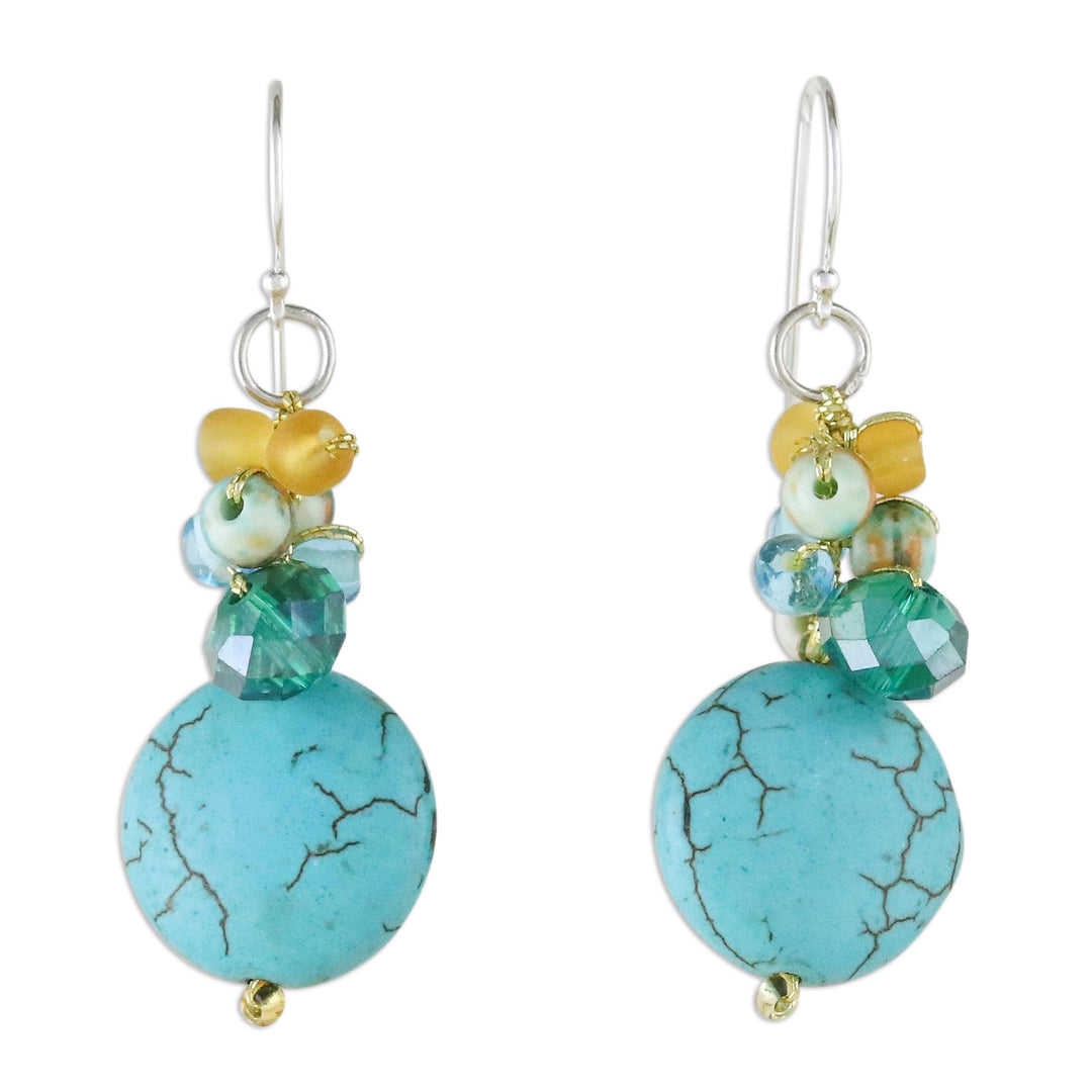 Blue Calcite and Glass Bead Dangle Earrings from Thailand - Blue Circles