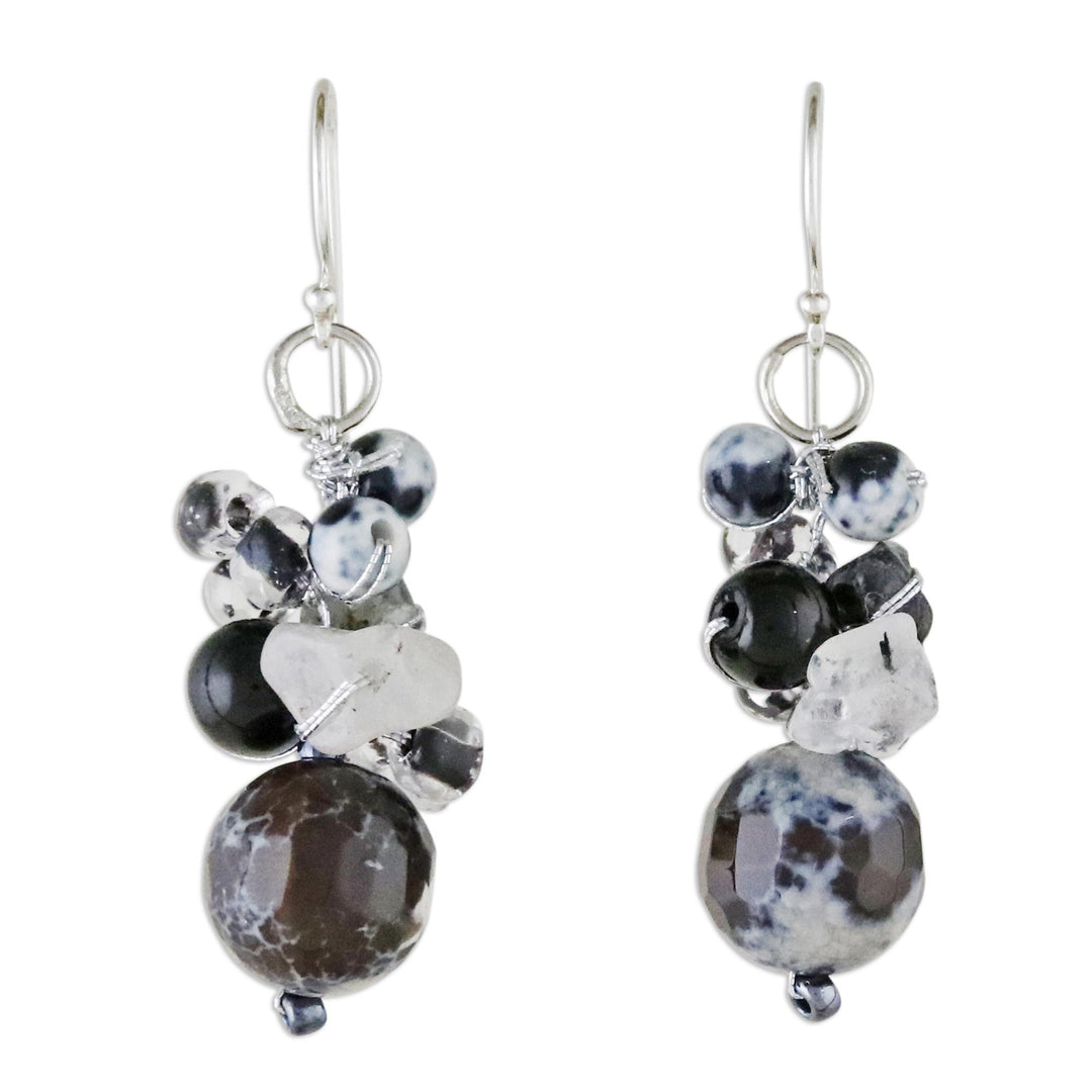 Quartz and Onyx Dangle Earrings from Thailand - Lovely Blend in Black