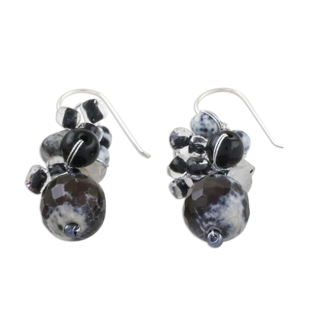 Quartz and Onyx Dangle Earrings from Thailand - Lovely Blend in Black