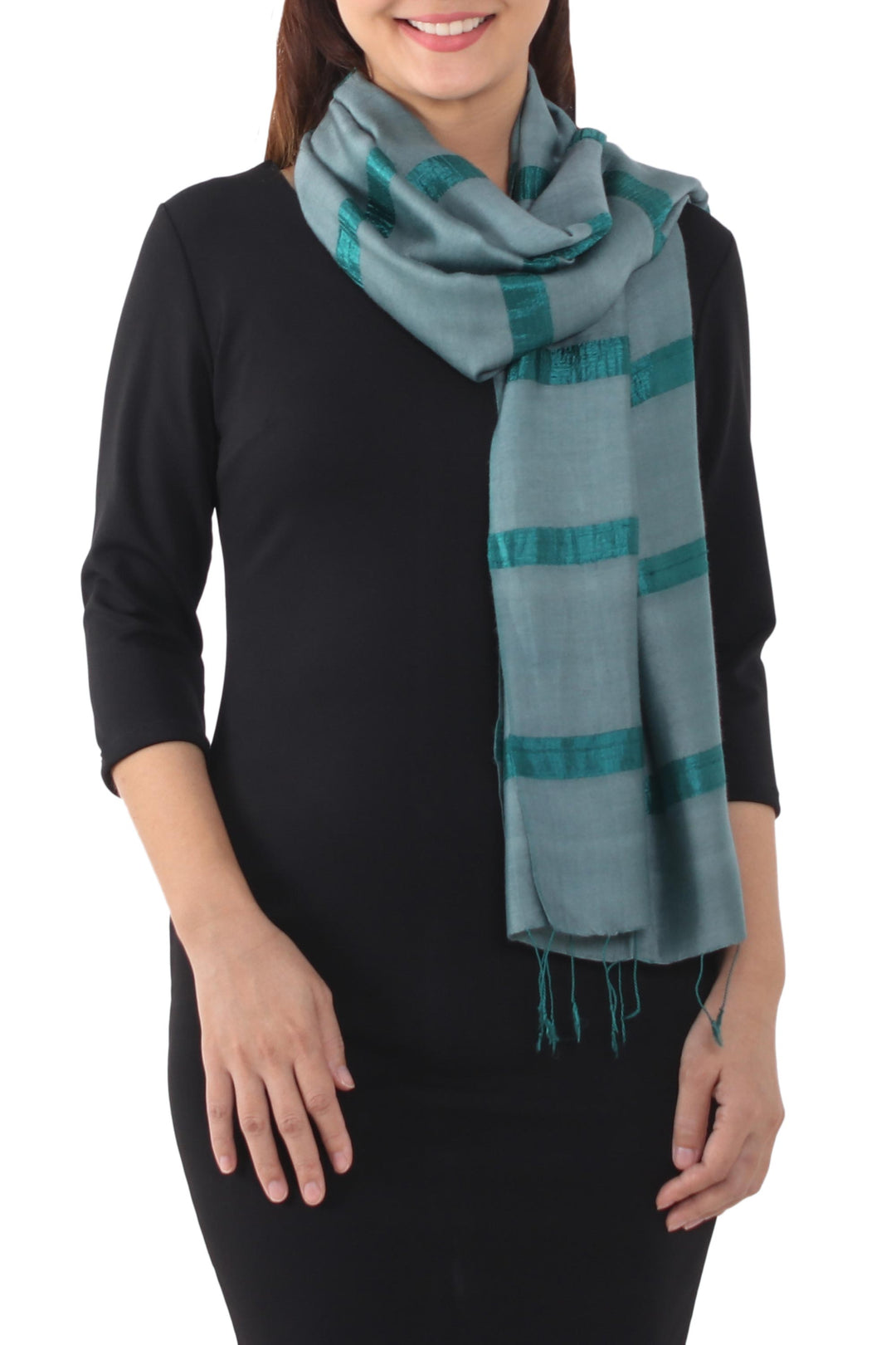 Handwoven Striped Silk Blend Scarf in Viridian from Thailand - Sound of Nature in Viridian