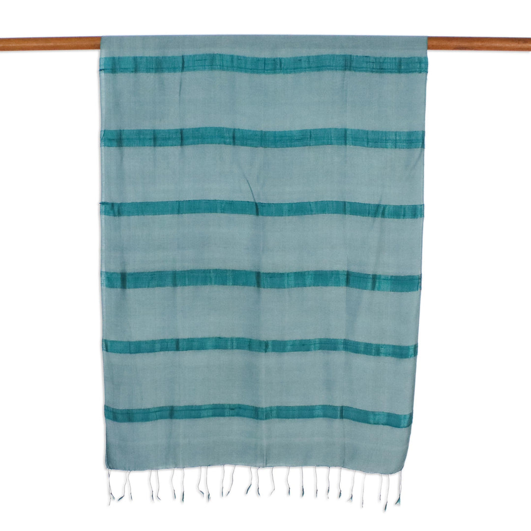 Handwoven Striped Silk Blend Scarf in Viridian from Thailand - Sound of Nature in Viridian