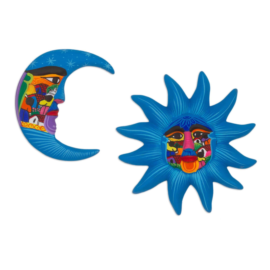 Hand Painted Blue Ceramic Sun and Moon Wall Art (Pair) - Mexican Sky