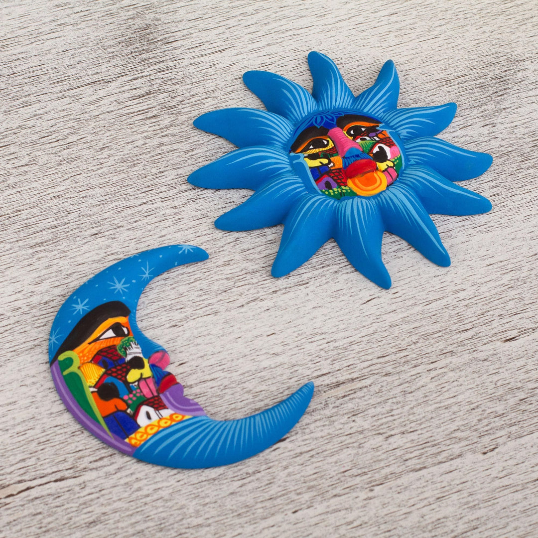 Hand Painted Blue Ceramic Sun and Moon Wall Art (Pair) - Mexican Sky