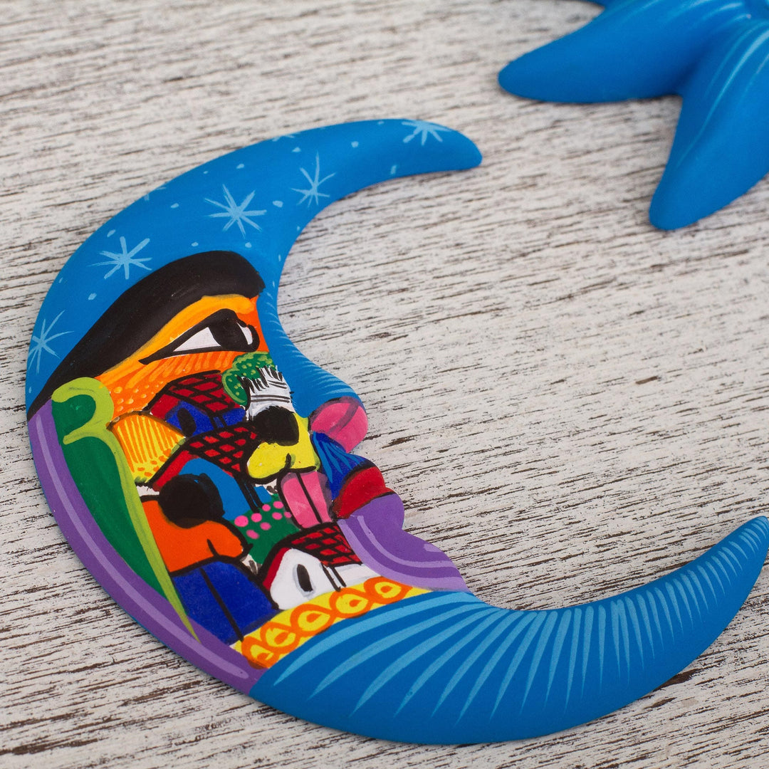 Hand Painted Blue Ceramic Sun and Moon Wall Art (Pair) - Mexican Sky