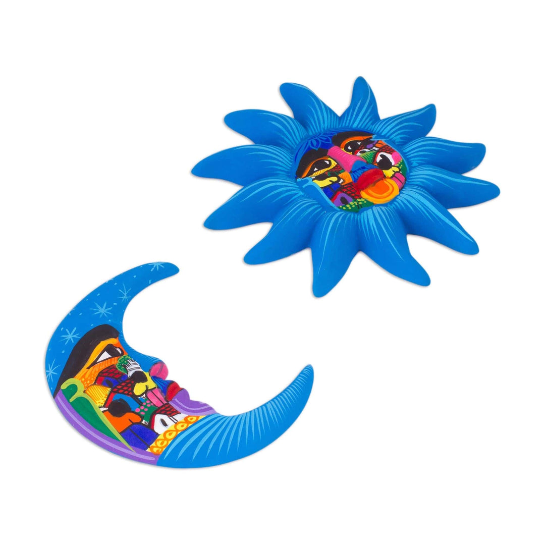 Hand Painted Blue Ceramic Sun and Moon Wall Art (Pair) - Mexican Sky