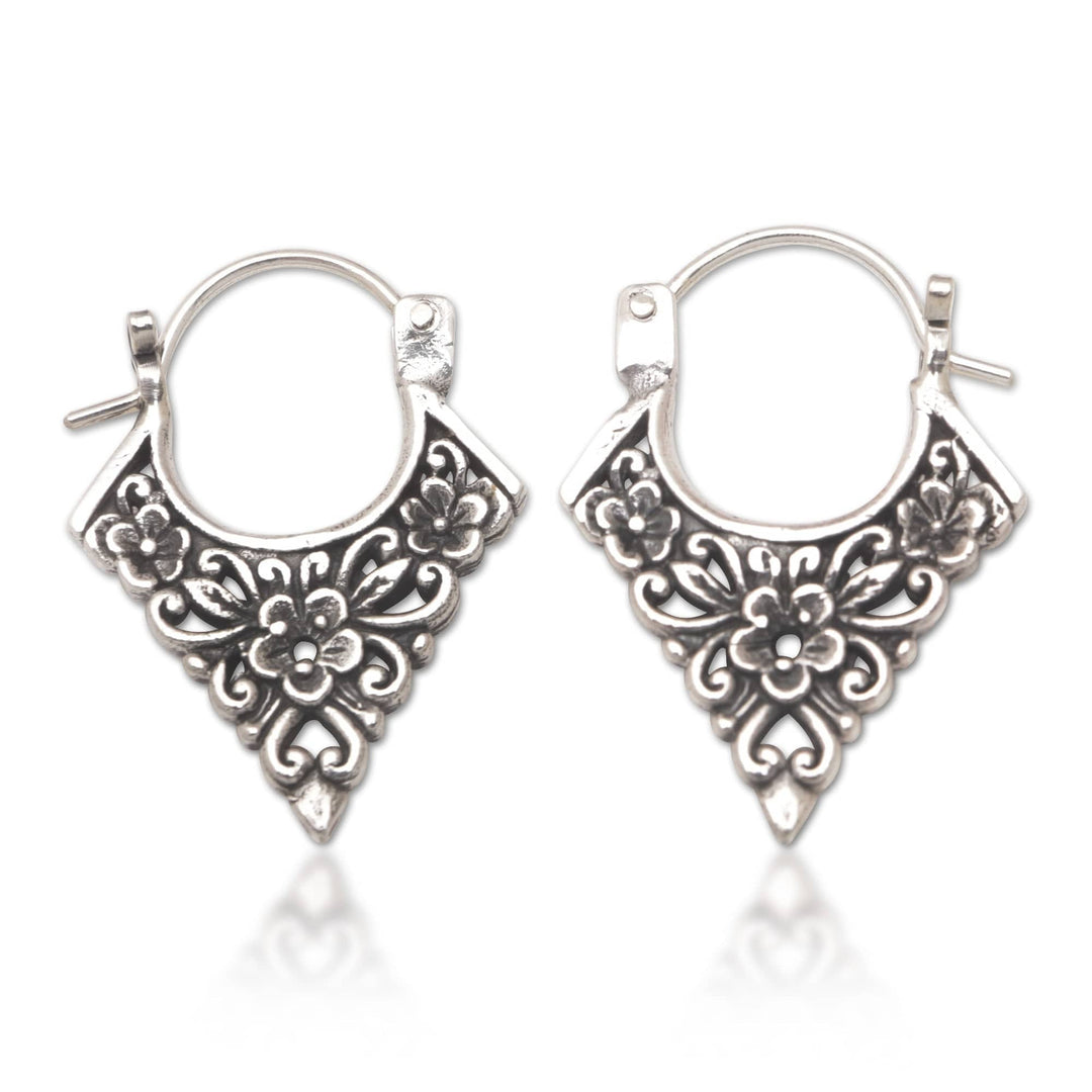 Floral Pointed Sterling Silver Hoop Earrings from Bali - Floral Points