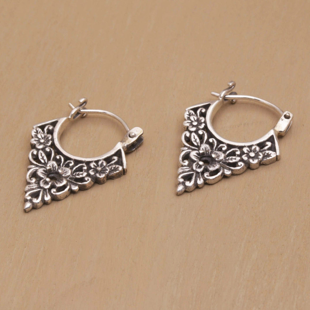 Floral Pointed Sterling Silver Hoop Earrings from Bali - Floral Points