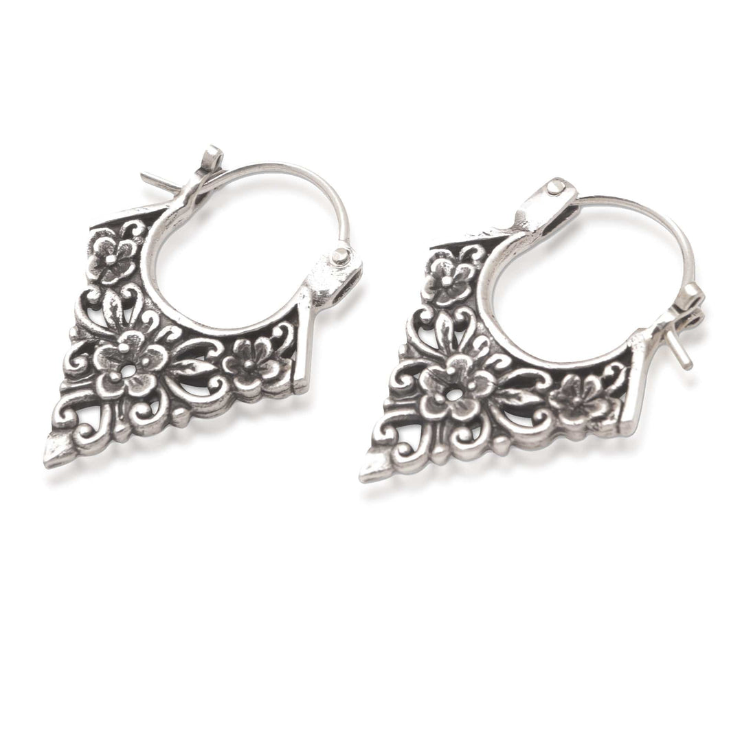 Floral Pointed Sterling Silver Hoop Earrings from Bali - Floral Points