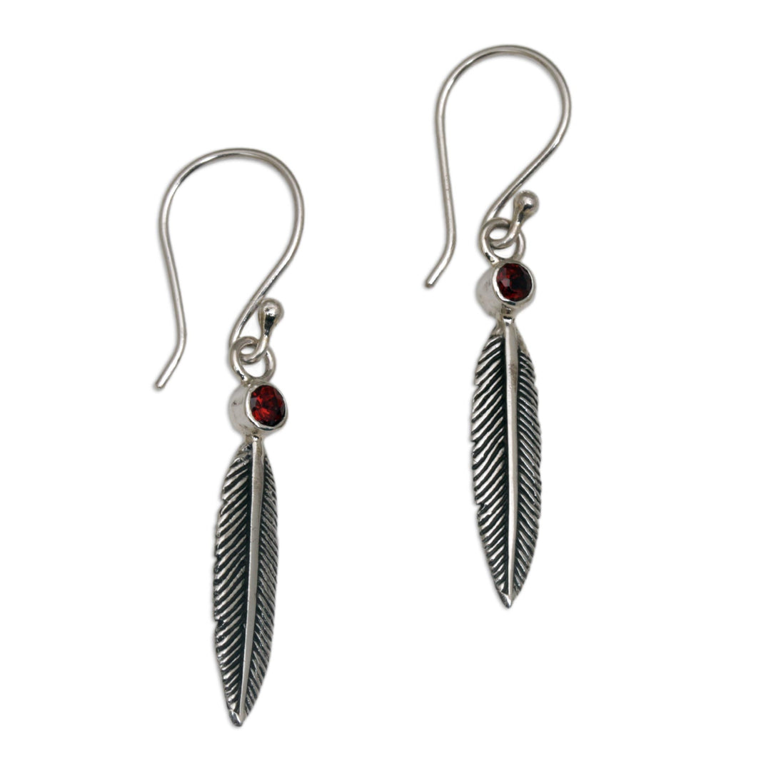 Garnet Feather-Shaped Dangle Earrings from Bali - Phoenix Feathers