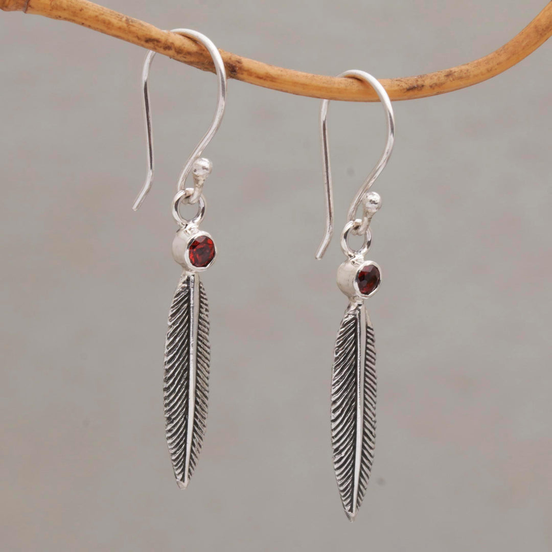 Garnet Feather-Shaped Dangle Earrings from Bali - Phoenix Feathers