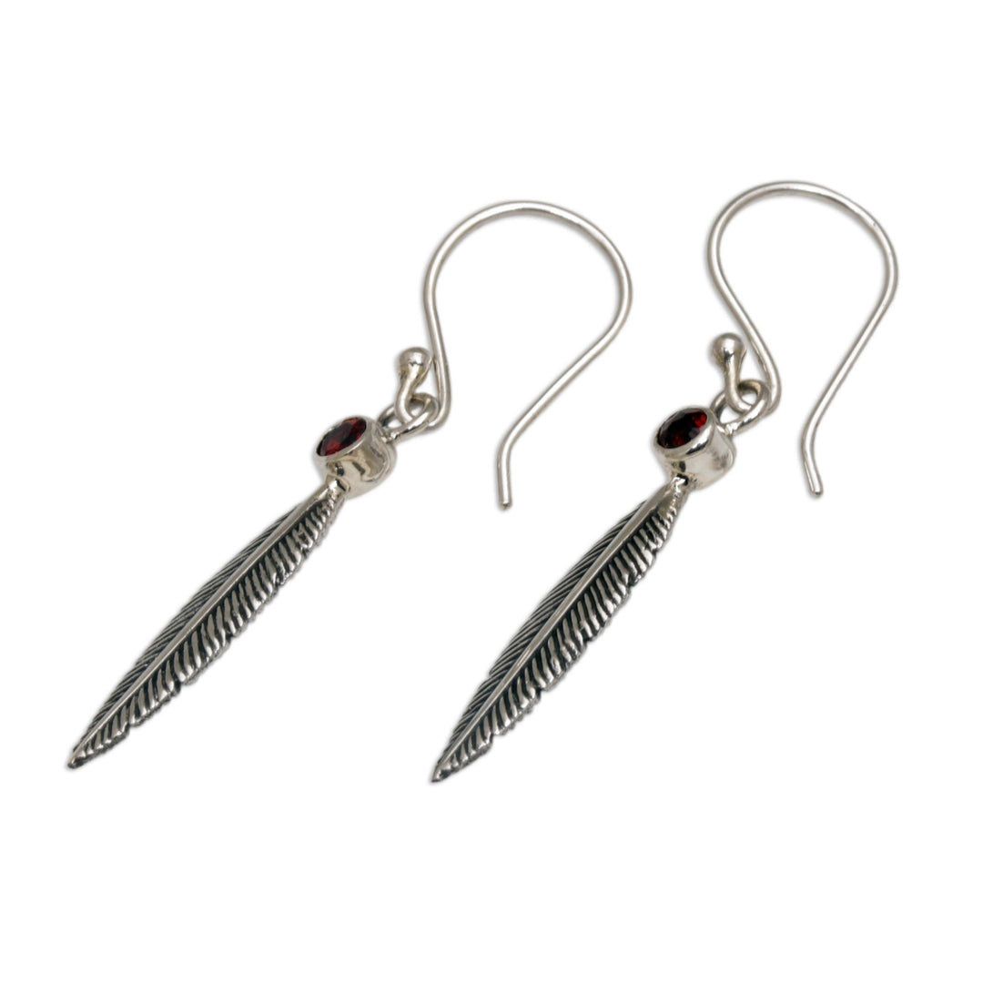 Garnet Feather-Shaped Dangle Earrings from Bali - Phoenix Feathers
