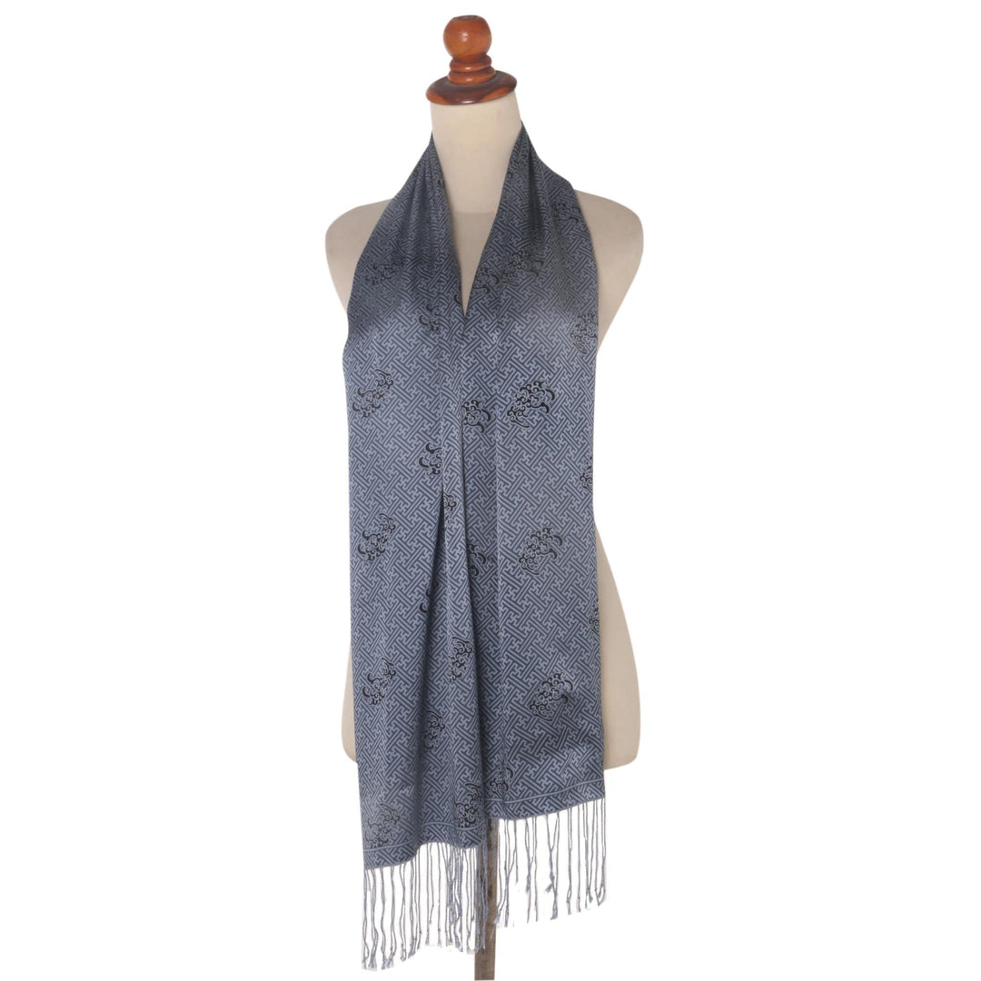 Blue and Black Maze Silk Scarf with Fringe and Gift Box - Lovely Maze