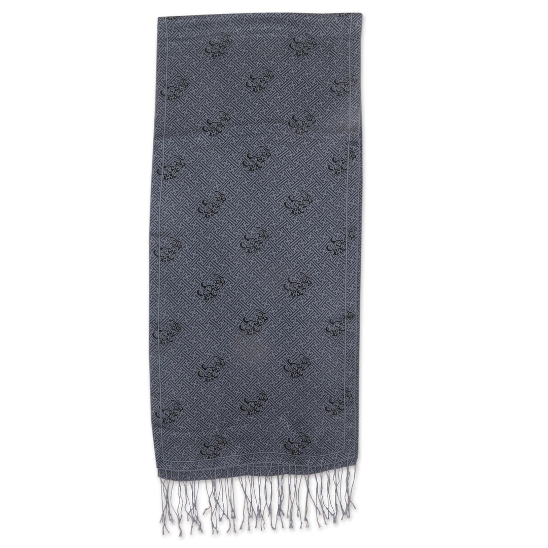 Blue and Black Maze Silk Scarf with Fringe and Gift Box - Lovely Maze