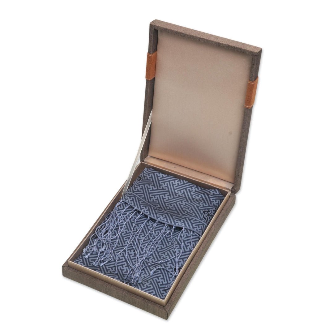 Blue and Black Maze Silk Scarf with Fringe and Gift Box - Lovely Maze