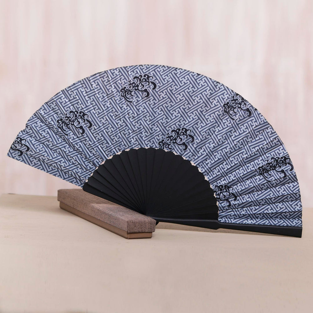 Exotic 100% Silk Batik Fan in Grey and Black - Bali Kingdom