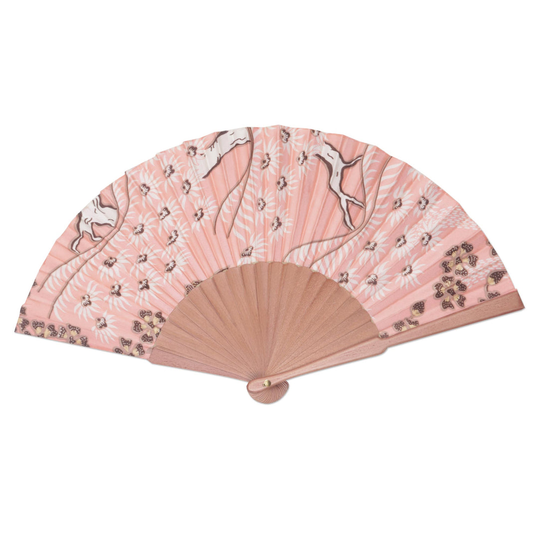 Pink Floral Hand Fan Crafted from Silk and Pinewood - Bangli Springtime