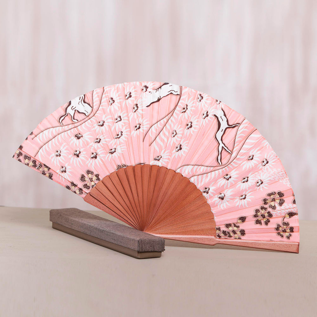 Pink Floral Hand Fan Crafted from Silk and Pinewood - Bangli Springtime