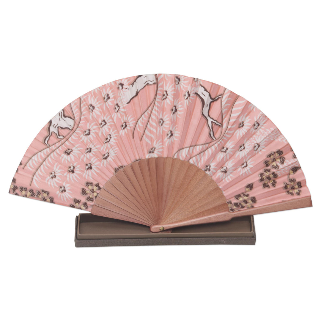 Pink Floral Hand Fan Crafted from Silk and Pinewood - Bangli Springtime