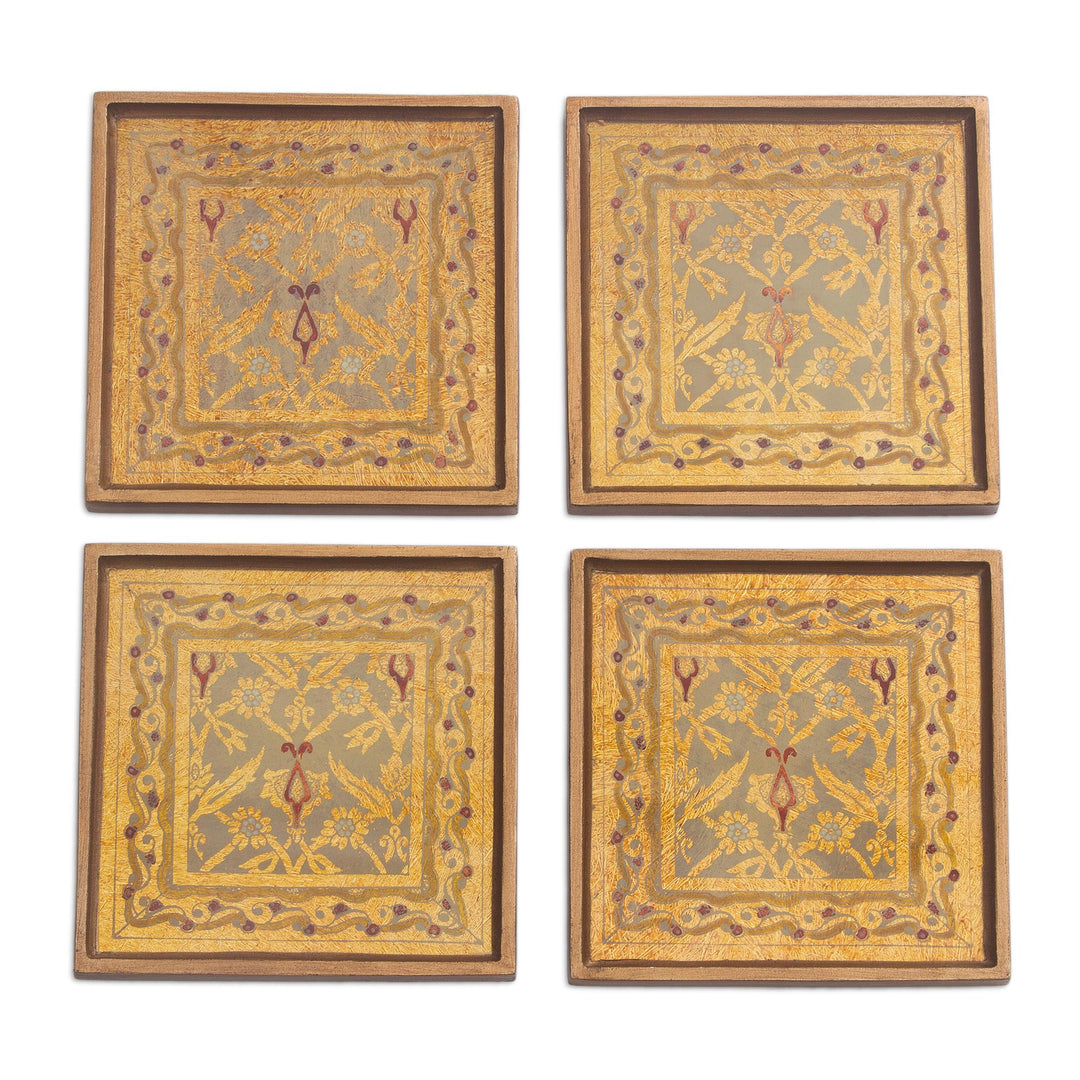 Four Floral Gold-Tone Reverse Painted Glass Coasters - Colonial Gold