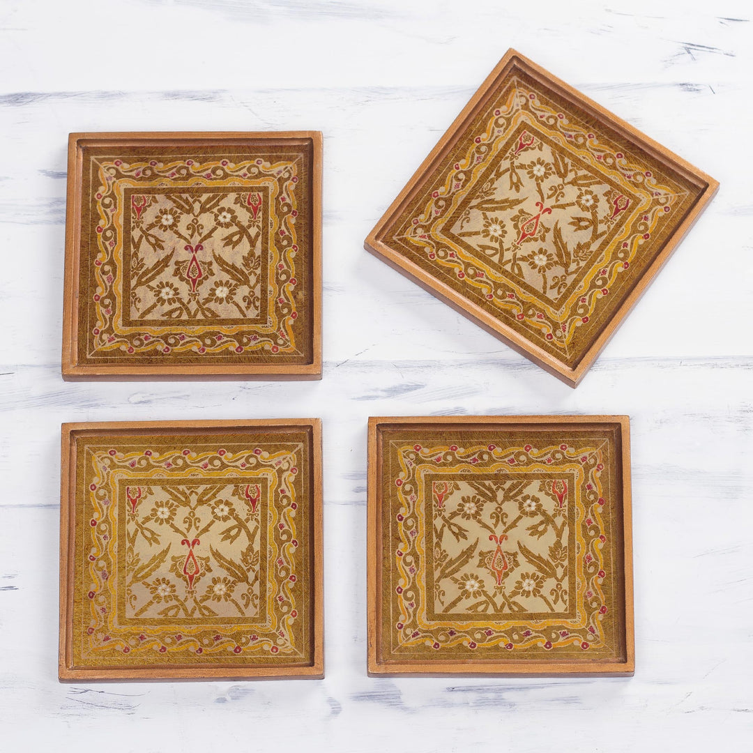 Four Floral Gold-Tone Reverse Painted Glass Coasters - Colonial Gold