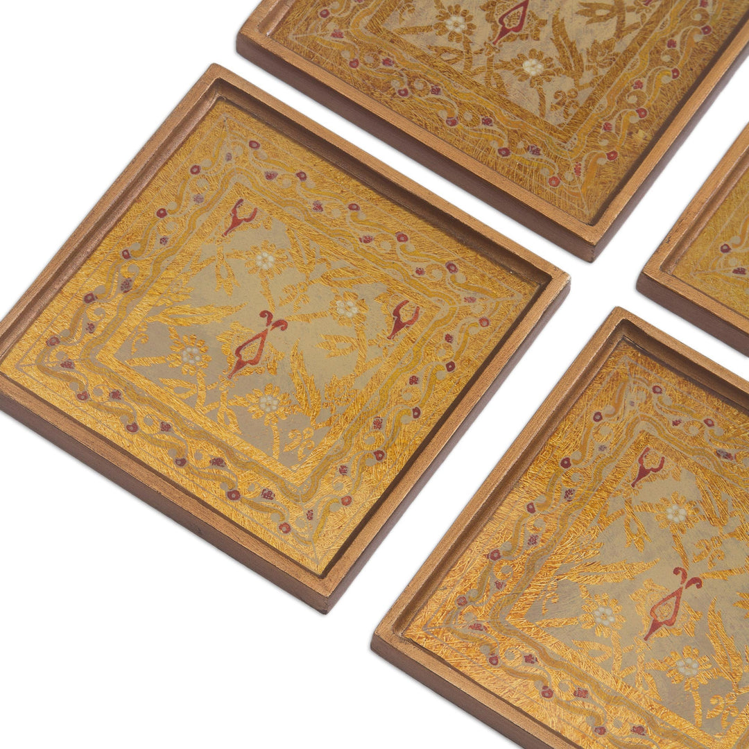 Four Floral Gold-Tone Reverse Painted Glass Coasters - Colonial Gold