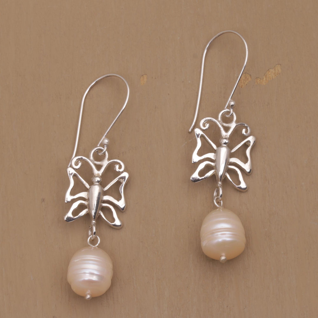 Cultured Pearl Butterfly Dangle Earrings from Bali - Butterfly Eden