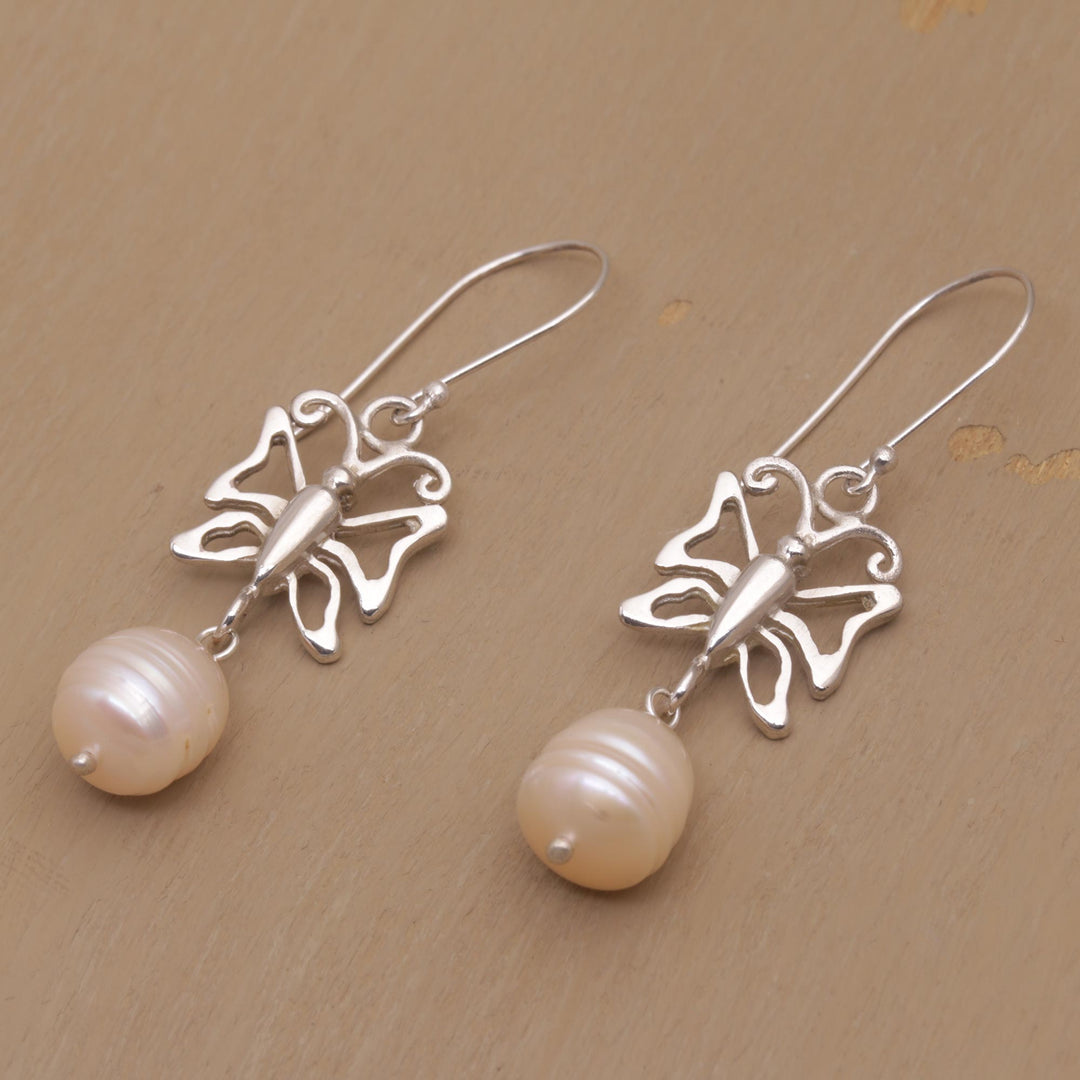 Cultured Pearl Butterfly Dangle Earrings from Bali - Butterfly Eden