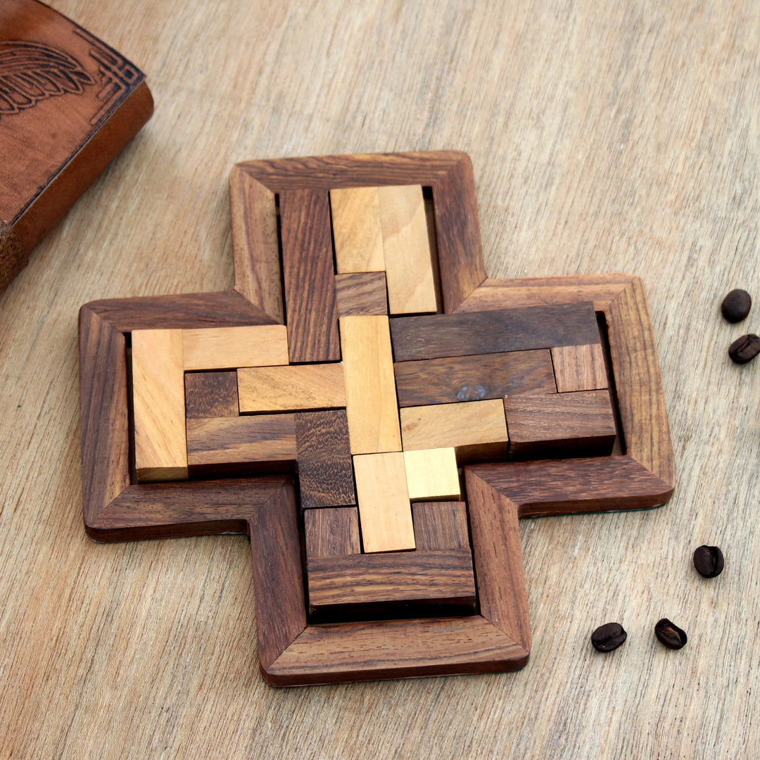 Cross-Shaped Acacia and Haldu Wood Puzzle from India - Cross Challenge