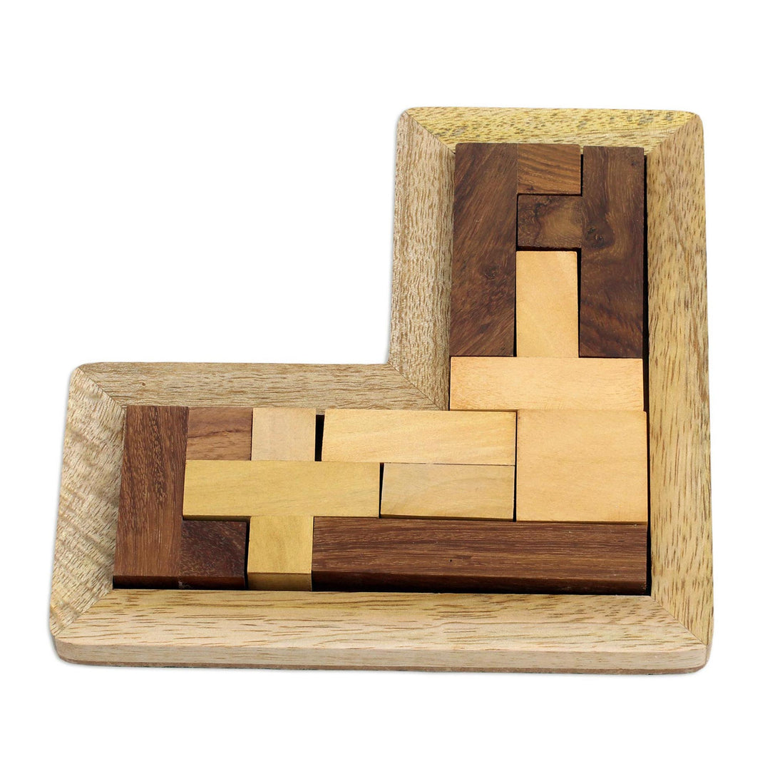 L-Shaped Acacia and Haldu Wood Puzzle from India - Angled Challenge