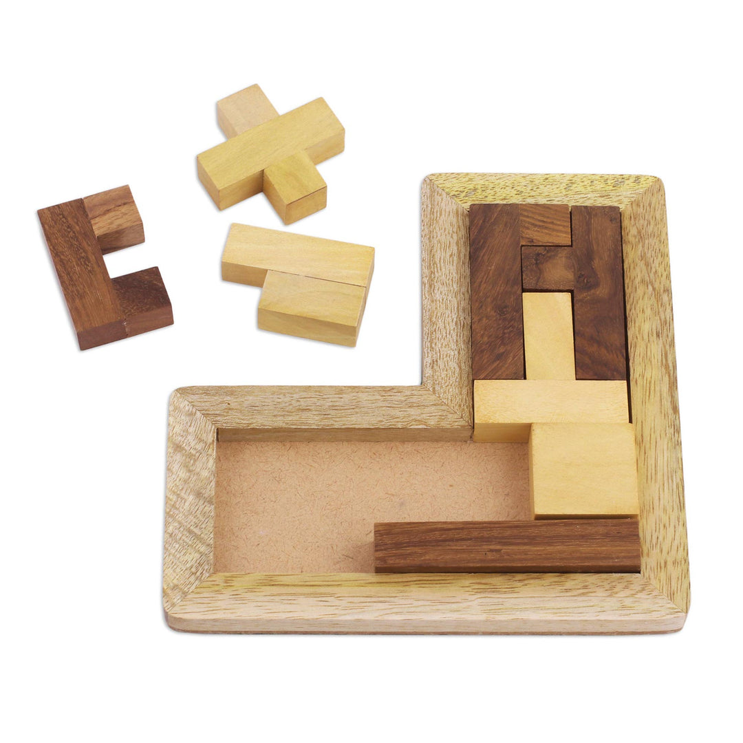 L-Shaped Acacia and Haldu Wood Puzzle from India - Angled Challenge