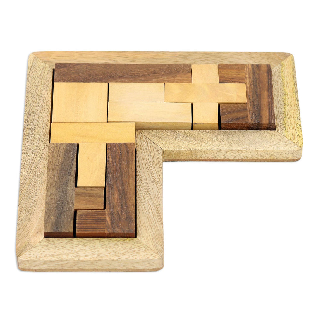 L-Shaped Acacia and Haldu Wood Puzzle from India - Angled Challenge