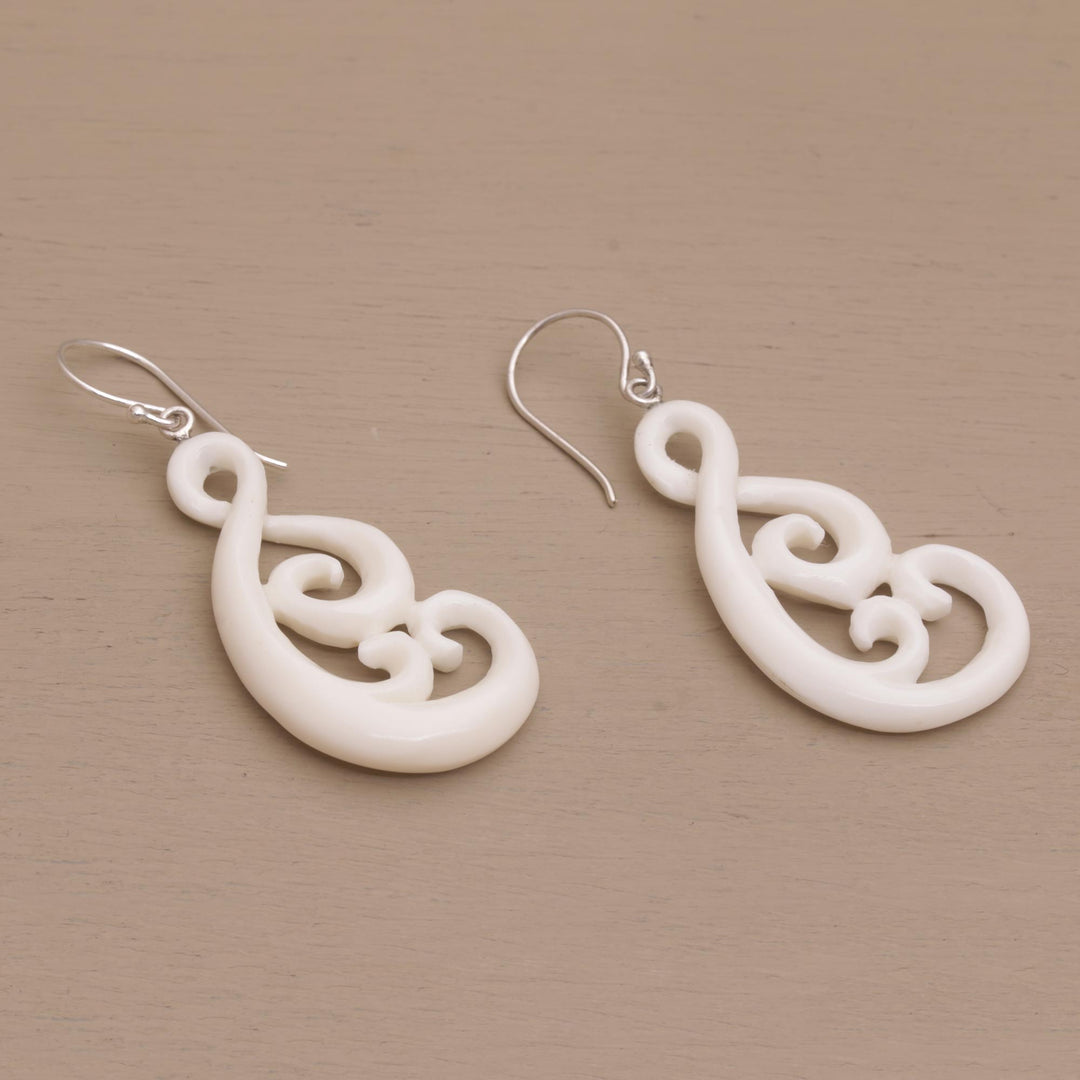 Handcrafted Bone Dangle Earrings from Bali - Swirly Vines