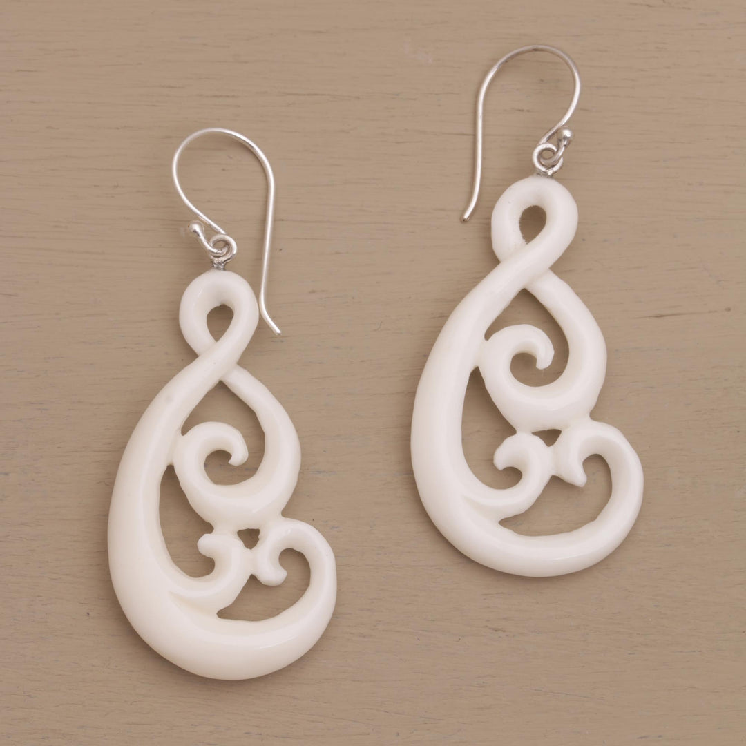 Handcrafted Bone Dangle Earrings from Bali - Swirly Vines