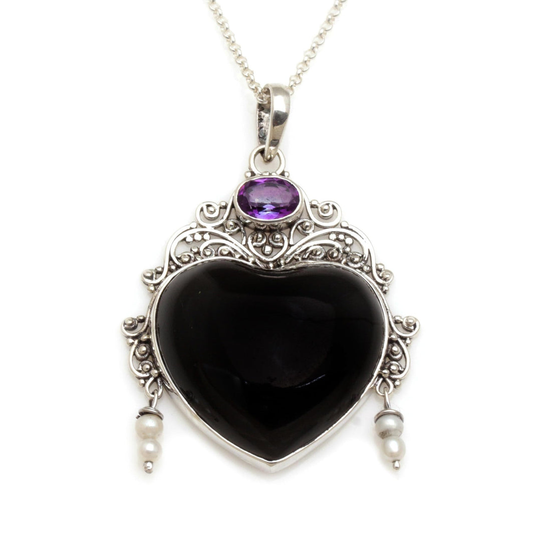 Amethyst Cultured Pearl Silver Black Bone Heart Necklace - Love Like Midnight