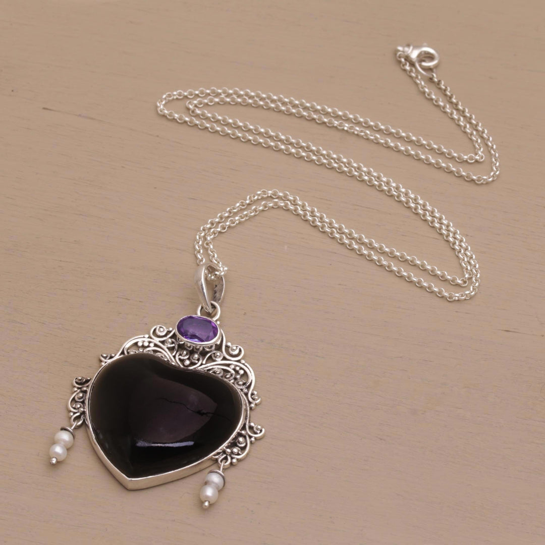 Amethyst Cultured Pearl Silver Black Bone Heart Necklace - Love Like Midnight