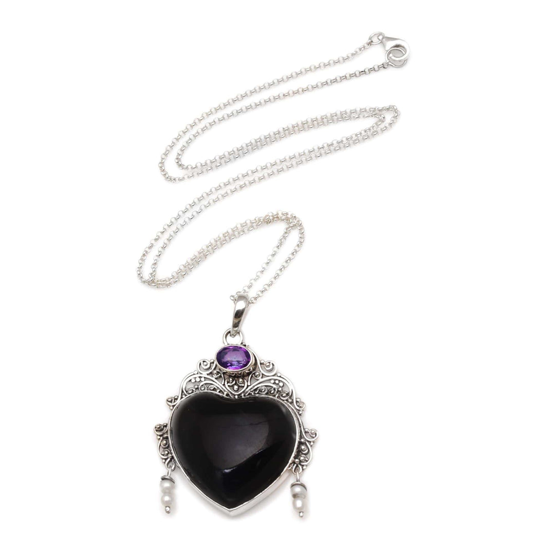 Amethyst Cultured Pearl Silver Black Bone Heart Necklace - Love Like Midnight
